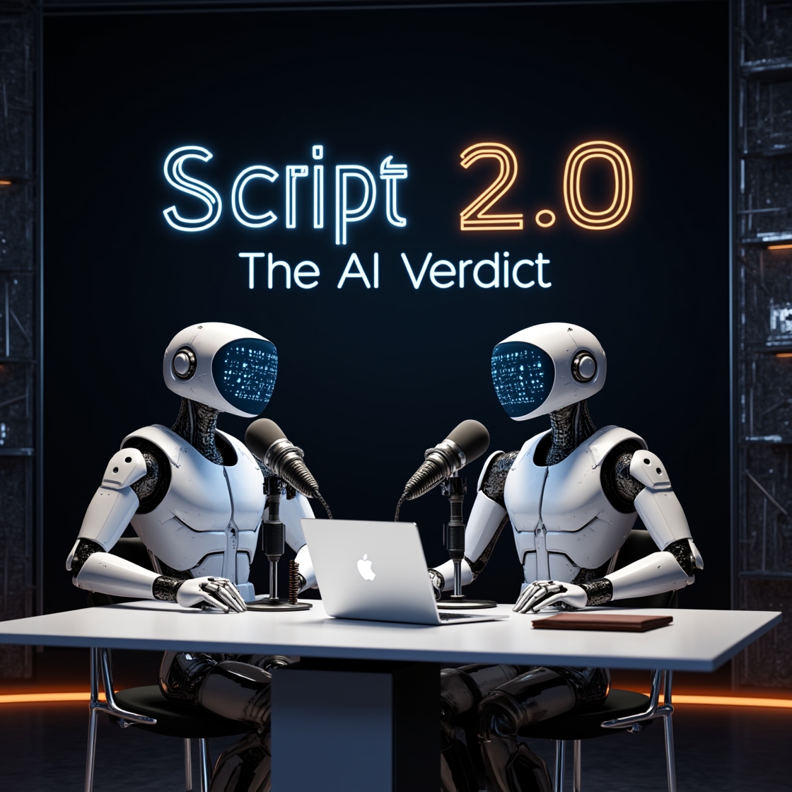 Two humanoid robots recording a podcast at a futuristic studio, highlighting advanced AI discussions for artists and innovators.