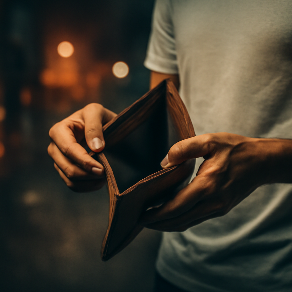 Person opening an empty wallet, symbolizing financial pressures and uncertainty in Bollywood.
